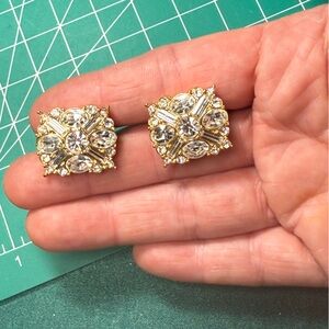 Vintage Monet Gold Tone Clip-On Earrings with Clear Rhinestones